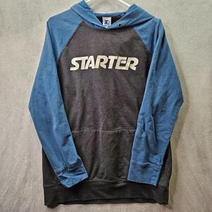 Vintage Starter Hoodie Mens Medium Black Blue Spellout Logo Pullover Sweater